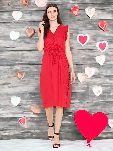Image of ENTELLUS Western V Neck Inside Belt Red Dress for Women (Size - XS to 6XL)