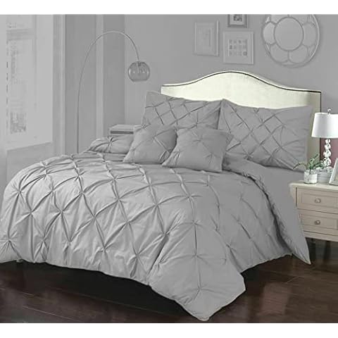 Northern Luxe Pintuck Duvet Cover set with extra deep fitted sheet & Pillowcases Hand Stitched Pinch Pleat Bedding Quilt Cover Set (Silver, King) Cover