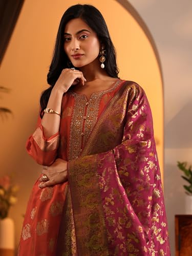 Image of Libas Woven Design Silk Blend Straight Kurta with Trouser and Dupatta