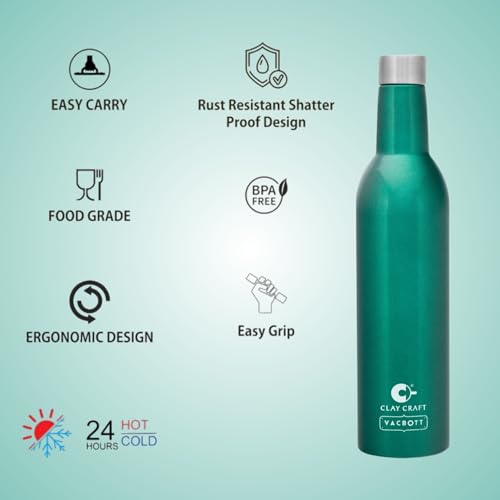 Image of Clay Craft Vacbott IVY Wine Double Walled|18 Hours Hot and 24 Hours|Cold Vacuum Insulated Flask Bottle|2 Piece, 1000 ml Steel Bottles for Travelling|BPA-Free|BIS Certified|1Year Limited Warranty