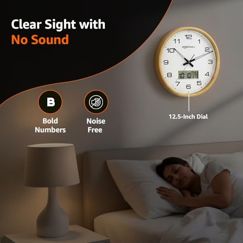 Image of Amazon Basics 12.5 Inch Large Analog Digital Wall Clock with LCD Display | Day Date Month Temperature | Silent Sweep Quartz Movement | Clear Bold Numbers | Dual Battery Operated (White)