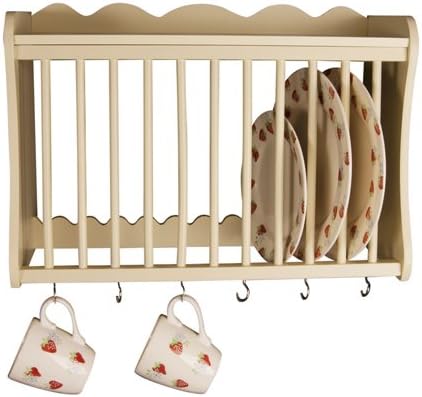 Kitchen Plate Rack, buttermilk, Wall Mounted or suitable for Work Top Storage. Shelf above and hooks under, Traditional design from the Minack Range by Elegant Brands