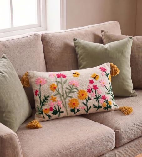 Image of Furnistitchs Boho Rectangle Cushion Cover 12x20 inches | Handmade Decorative Throw Pillow Case | Bohemian Home Decor Sofa Bed Cushion Cover Living Room Bedroom (2, Natural Sunflower, 12x20 inches)
