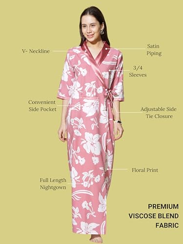 Image of 9shines Label Stylish Cotton Nighty Robe for Women | Front Open Floral Housecoat | Wrap Nighty with Pocket | Adjustable Waist Tie | Plus Size housecoat (HC-2026)
