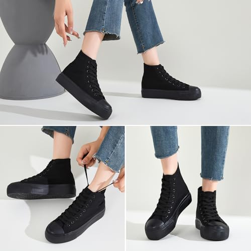 Image of FRACORA Womens High Top Canvas Shoes White Black Platform Sneakers Lace Up Shoes for Women