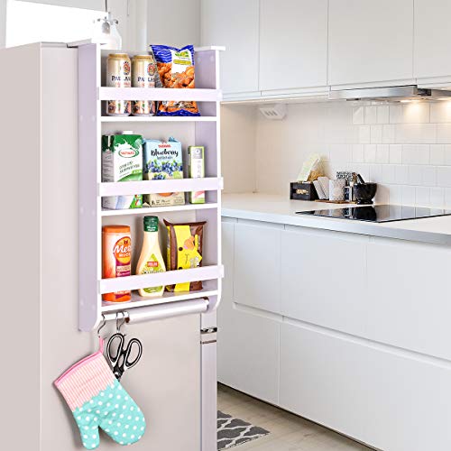 Fridge Side Shelf Refrigerator Spice Storage Rack Wooden Hanging Organizer with Paper Towel Holder, 3 Removable Hooks for Pantry, Cabinet, Kitchen, Narrow Place, White - Thumbnail 6