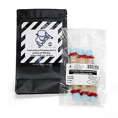Schafsaitling 24/26 mm 18 Meter in Premiumqualität 1A getubed auf Röhrchen von LAND-SEA-BBQ. Ideal für die Herstellung selbstgemachter Würstchen.