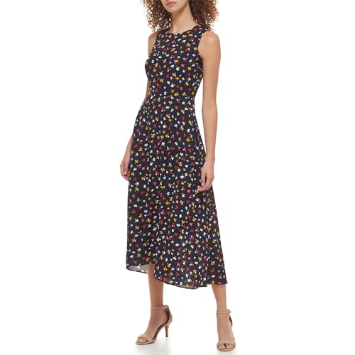 Image of Tommy Hilfiger Women's Sleeveless Keyhole Neck Chiffon Belted Hi-Lo Midi Dress
