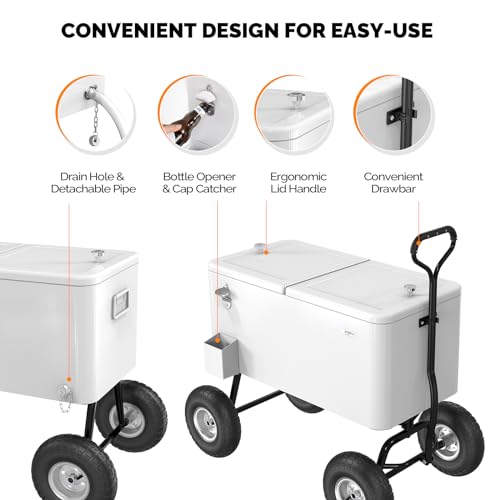 Image of VINGLI 80 Quart Wagon Rolling Cooler Ice Chest, w /Long Handle and 10 inch Wheels, Portable Beach Patio Party Bar Cold Drink Beverage, Outdoor Park Cart on Wheels