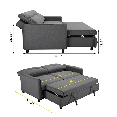 Erye 3-In-1 Loveseat Futon Sofa Convertible Queen Size Bed With Pull Out Sleeper Couch Bed & Reclining Backrest For Living Room Furniture Sets Sofabed, Grey #TOP2