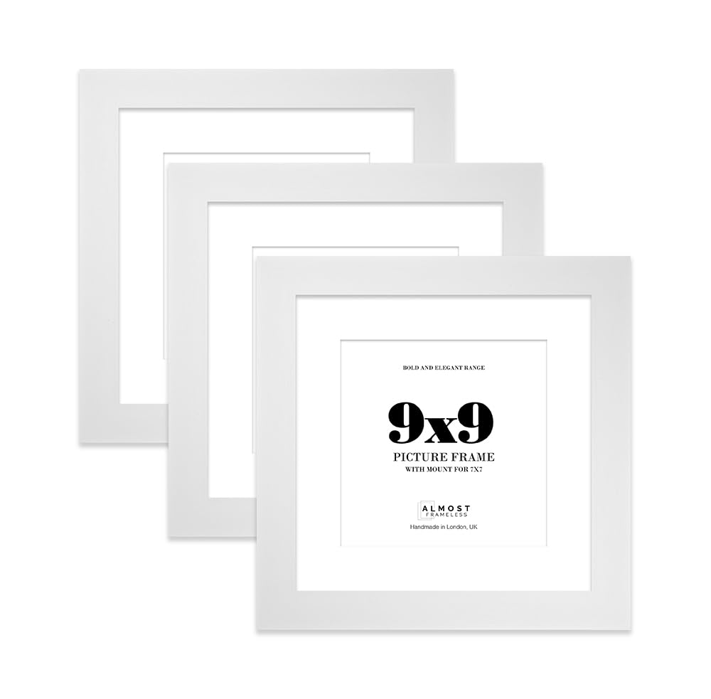 9x9" White Square Frame With Mount for 7x7" Pictures 28mm Edge Frame Display with Wall Hooks and Kickstand, 3 Pack