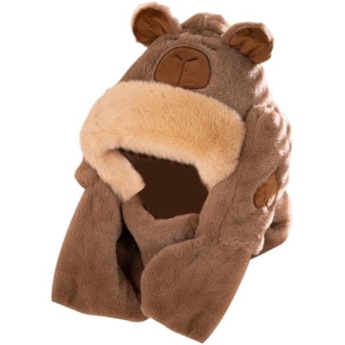 Women Hooded Scarf Cute Capybara Shape - 3 in 1 Windproof Hat Glove Scarf Set - Durable & Warm