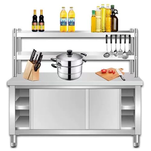 Mesa de preparación comercial de acero inoxidable con estantes dobles y gabinete de almacenamiento, isla de cocina resistente para restaurante, hotel, oficina en casa, estación de procesamiento de