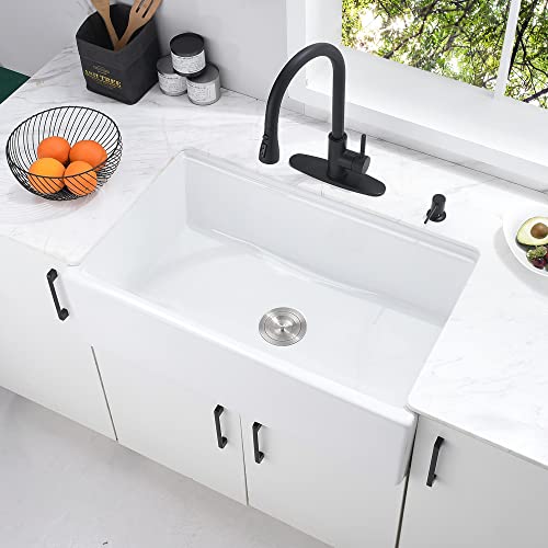 33 Inch White Fireclay Farmhouse Sink Workstation-Bokaiya 33X20 Fireclay Apron Front Farm Sink Porcelain Ceramic Deep Single Bowl Kitchen Sink With Cutting Board #TOP1