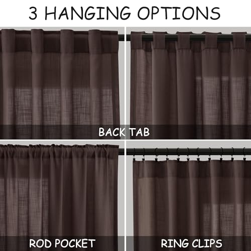 Image of Coffee Linen Blend Drapes 84 Inch Length 2 Panels Set Back Tab Rod Pocket Light Filtering Privacy Semi Sheer Textured Curtains Neutral Farmhouse Decor Curtains for Living Room Bedroom 52x84