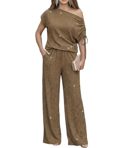 CHICME Women's Rhinestone 2 Piece Set Cold Shoulder Top Wide Leg Pants-dbn-M