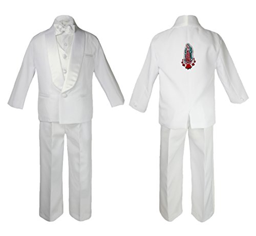 Image of Baby Boy Baptism Church White Tail Suit Gold Guadalupe on Back of The Suit SM-20