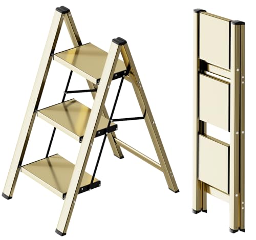 SOLADDER 3 Step Ladder Anti-Slip and Lightweight Foldable Step Stool for Adults to Use in Kitchen Closet and Library 300lbs(Gold)
