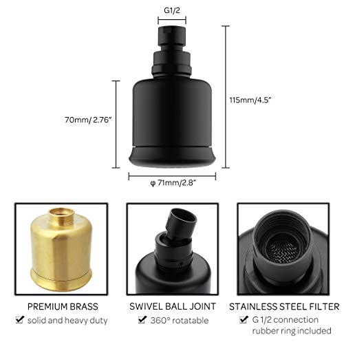 Solid Brass Shower Head - High Pressure Showerhead With Filter And 360 Degrees Adjustable Swivel, Replacement For Bathroom Low Flow, Matte Black 2.8 Inch Heavy Duty #TOP3