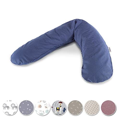 Theraline Cojín Original para Embarazadas y Lactancia, 190 cm, con Perlas, Incluye Funda de cojín de Lactancia, diseño de Lunares, Color Azul Marino