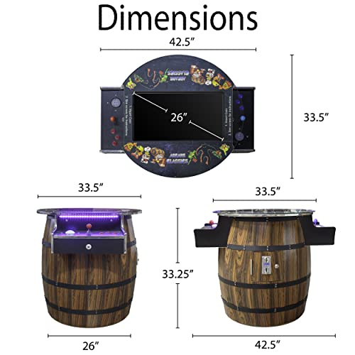 Retro Barrel Style Arcade Game – 2 Player Cocktail Cabinet with 516 Classic Games – 26\" LCD Screen, Trackball Controls, Adjustable LED Lights – Pre-Assembled Heavy-Duty Coin/Free Play Cabinet