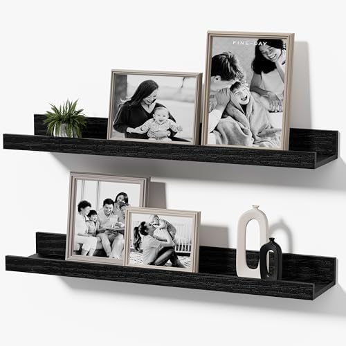Floating Picture Ledge Shelves, 2-Pack Wall Mounted Book Shelf for Nursery & Kids Room, Floating Shelves for Wall Photo Frames with Lip, Living Room or Bedroom, 16inch, Black