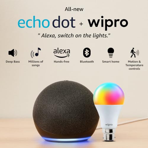 Image of Amazon Echo Dot (5th Gen, Black) Combo with Wipro 12W LED Smart Color Bulb