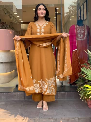 Image of ANNI Designer Women Embroidered Straight Kurta Palazzo Dupatta Set Rayon Viscose Kurti Pant Set Ladies Ethnic Wear for Office Festive Daily Use
