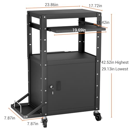 Mobile AV Cart with Side Shelves, Rolling Computer Cart Height Adjustable Rolling Media Utility Cart with Pullout Keyboard Tray Extra Storage Space, 4 Outlets, Perfect for Home or Office Use