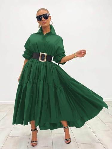 Image of Women's Long Sleeve Maxi Shirt Dress Elegant Button Down Loose Swing Party Dress