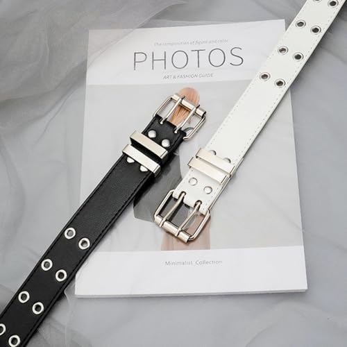 YMO Black Belt Women, White Double Grommet Leather Belt for Women Men Jeans Belts 5