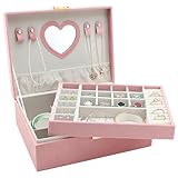 QGGTQG Schmuckkästchen Mädchen Doppelschicht Schmuckkasten Schmuckaufbewahrung Damen 2 Etagen Samt Schmuckbox mit Spiege für Ohrringe Ringe, Armbänder, Halsketten, Uhren Armbänder (Rosa)
