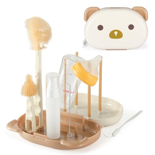 Image of VOOWO Baby Bottle Brush & Drying Rack, Travel Bottle Cleaner Kit, Silicone Nipple & Straw Cleaner (White)