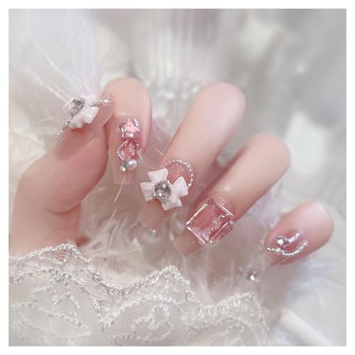 Voocye ネイルチップ 付け爪 花嫁ネイル 光沢 つけ爪 結婚式ネイルチップ かわいい キラキラ 立体 24枚入 ?め ネイルチップ ファッション 人気 両面ネイルファイル (ピンク B, S)