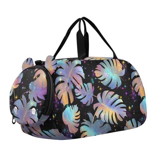 Duffle Bag for Boys or Girls with Shoes Compartment, Platinum Palm Leaves Pattern Sports Travel Bag Overnight