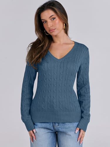 Image of ANRABESS Women's Cable Knit V Neck Fitted Sweaters