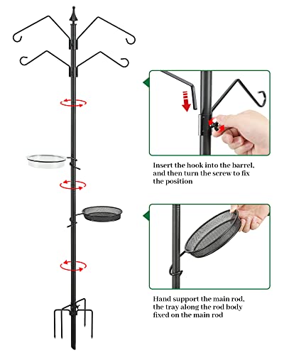 Sandegoo 86In 4-Hook Bird Feeding Station, Steel Multi-Feeder Kit Stand For Attracting Wild Birds W/ 2 Bird Feeders, Mesh Tray, Bird Bath, 4-Prong Base - Black #TOP2