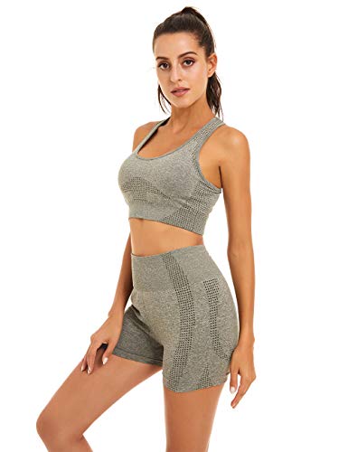 Toplook Women Seamless Yoga Workout Set 2 Piece Outfits Gym Shorts Sports Bra (Khaki Green, Medium)