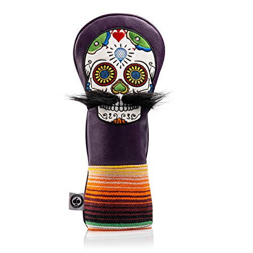 Pins & Aces LE Sugar Skull Mustache Fairway Wood Head Cover - Premium, Hand-Made Leather 3W or 5W Headcover - Funny, Tour Quality Golf Club Cover - Style and Customize Your Golf Bag (Purple)