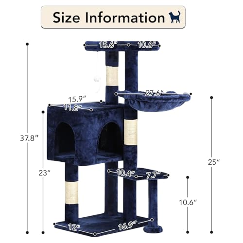 Image of BestPet | 37 inch Cat Tree Tower | Navy Blue | Sturdy Multi-Level Cat Tree