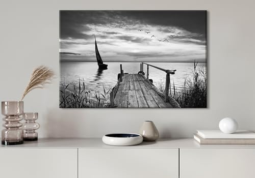 Image of Beach Scenic Wall Art Black and White Sailboat Wall Decor Ocean Coastal Pathway Picture Canvas Prints for Bathroom 16x24 inch, Nature Seascape Painting Poster Artwork Living Room Office Home Decorations