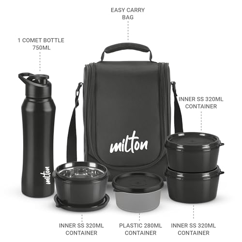 Image of Milton Food Fiesta Tiffin (3 Microwave Safe Inner Steel Containers, 320 ml; 1 Plastic Container, 280 ml; 1 Comet Bottle, 750 ml)With Insulated Fabric Bag, Black, Leak Proof, Odour Proof, Easy to Carry