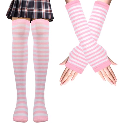 Mayoii Calcetines Altos Mujer y Guantes Sin Dedos Juego, Calcetines Largos Mujer y Niñas Termicos Invierno, lindo Cosplay Calcetines Hasta la Rodilla a Rayas, Rosas y Blancas