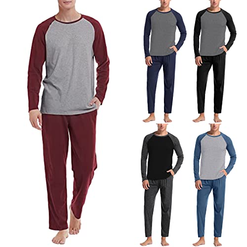 Men Pajama Set Sleepwear Lightweight Long Sleeve Crewneck Shirts And Bottoms Loungewear Soft Comfy Sleep Outfits