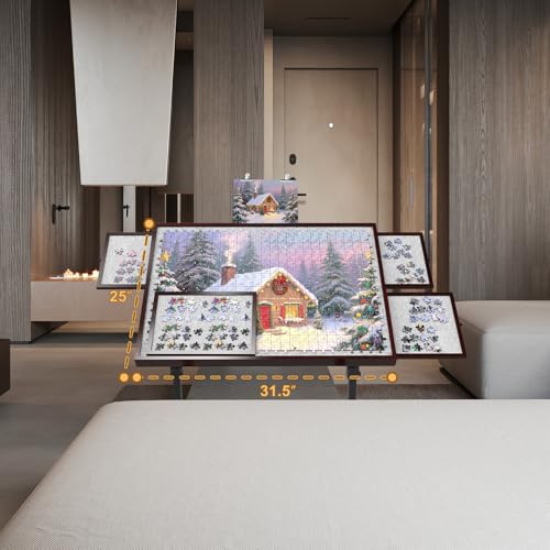 Image of Jigsaw Puzzle Table 1500 Pieces,Adjustable Height&Up Puzzle Board with Cover and 4 Drawers,Puzzle Tables for Adults,Puzzle Board with Cover with Legs for Puzzle Doer(Coffee Color)
