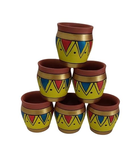 Adhaata Indian Ceramic Kulhar 6 Pc Painted Kulhad Traditional Indian Chai Tea Cups, Set Of 6, Camping Mug, Coffee Mugs (4.22 Oz) (125Ml) (Design 3) #TOP1