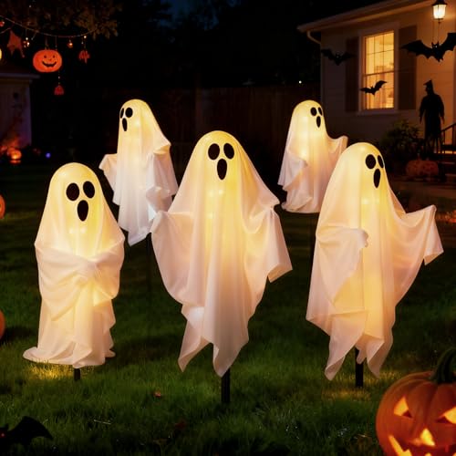 Ciskotu 5 PZS Luces Fantasma con Estaca de Suelo, Decoración LED Exterior Halloween, 8 Modos, Impermeable IP44, Funciona con Pilas para Jardín, Patio, Porche