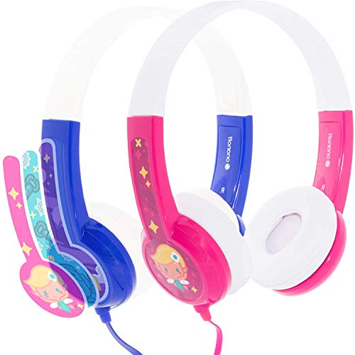 ONANOFF BuddyPhones Discover, Volume-Limiting Kids Headphones, Comfortable and Durable, Built-in Audio Sharing Cable, Compatible with Fire, iPad, iPhone, and Android Devices, Blue and Pink
