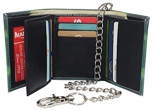 MARSHAL Mens Chain Biker Genuine Leather Classic Trifold Logo Wallets (Marijuana Leaf)3