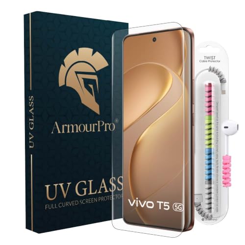 Image of ArmourPro UV Glue Tempered Glass for Vivo T5 5G Curved Screen Protector, 9H Anti Scratch, Edge-to-Edge Coverage, HD Clarity, Easy UV Kit with Cable Protector